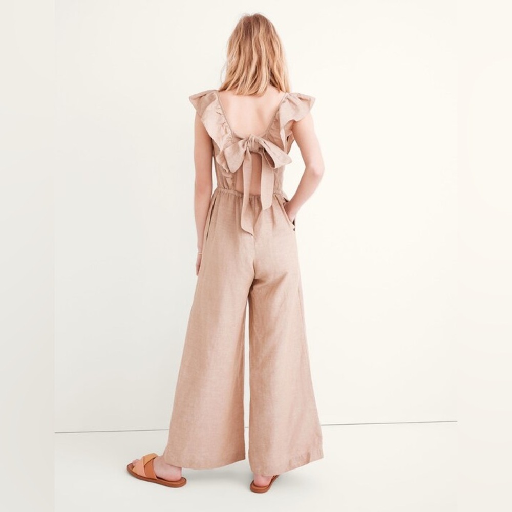 Madewell Linen Blend Ruffle Tie Back Wide Leg Jumpsuit Seed Khaki Size 2 Tan S